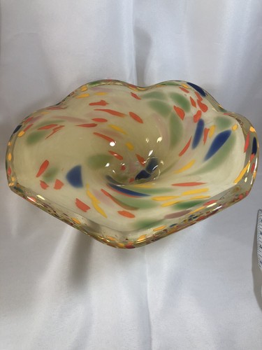 Murano Style Splatter Confetti 12” Art Glass Pedestal Centerpiece Bowl Gold Blue - Picture 2 of 12