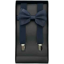 NAVY BLUE Adult Suspenders & Matching Bow Tie BOXED Set Wedding Prom Adjustable