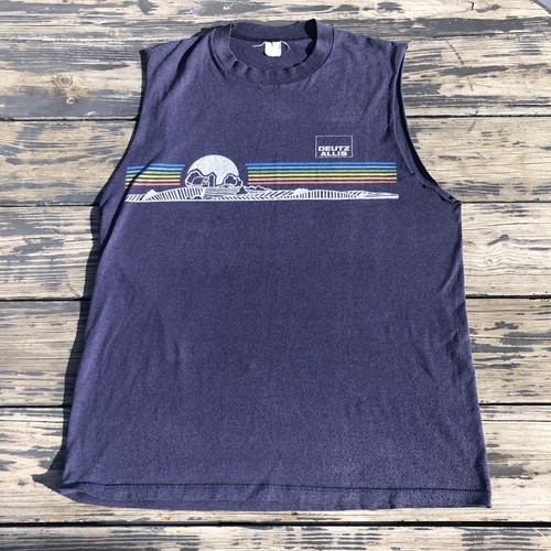 Vintage 80s Deutz Allis Single Stitch Tee Rainbow Stripe Velva Sheen T Shirt 42 - Picture 2 of 7