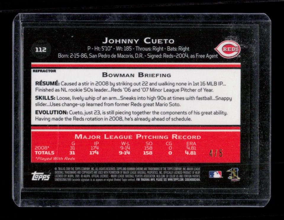 2009 Bowman Chrome #112 Johnny Cueto Red Refractor #'d /5 - Image 2 of 2