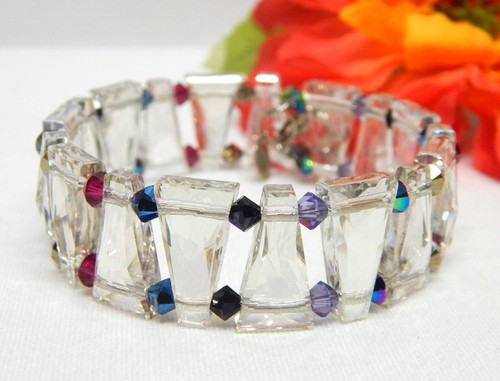 KAREN CURTIS 925 STERLING SILVER & CRYSTAL BEAD MEMORY WIRE BRACELET - 3/4" WIDE