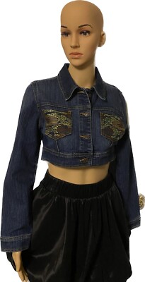 Clash Y2K Cropped Jean Jacket Rhinestone Pockets  Women s size Small