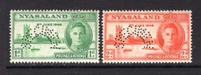 M18121 Nyasaland/Malawi 1946 SG158S/9S - 1946 Victory pair perforated SPECIMEN.