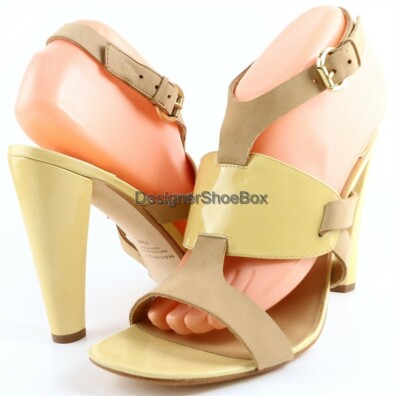 $150 MAXSTUDIO ESTELLA Yellow Tan Patent Leather Designer Heels Sandals 9.5