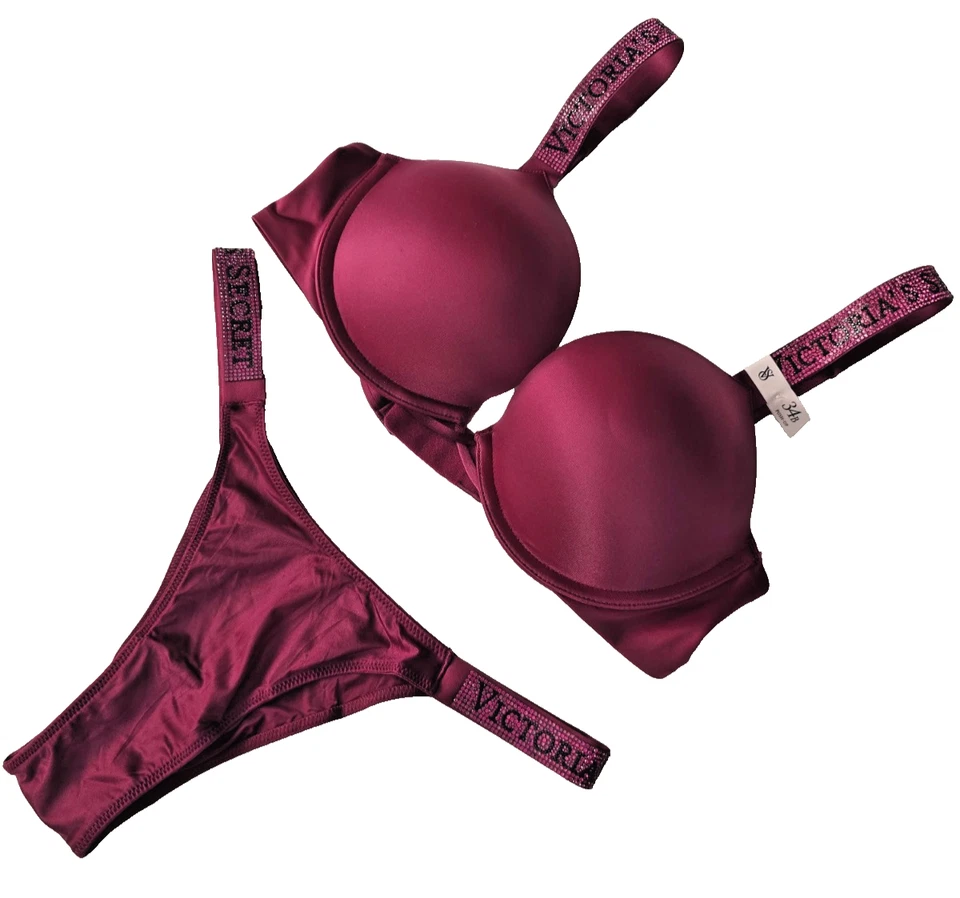 Victoria's Secret Shine Strap Bombshell Push Up Bra Brazilian Set Fresh Jam NWT - Image 2 of 4