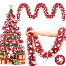 100 ft Christmas Tinsel Garland Metallic Garland Light 100 ft, Red Snowflake