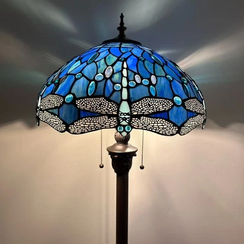 Tiffany Style Floor Lamp Blue Stained Glass Dragonfly Metal Base 64”H*16"W*16"D