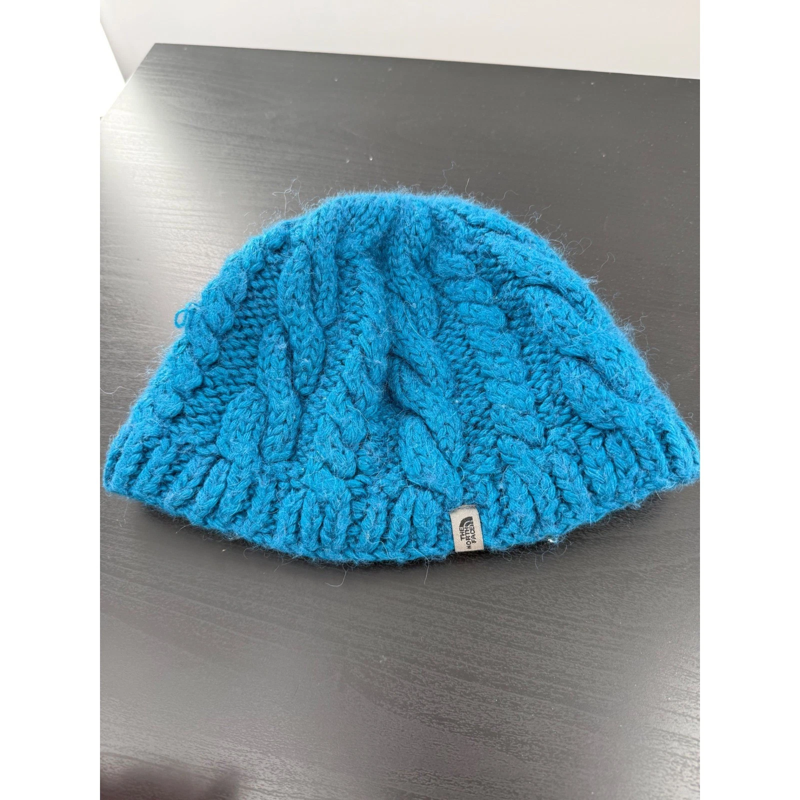 The North Face Cable Knit Beanie Hat Teal Blue Fleece Lined Winter