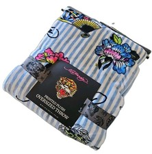 Ed Hardy Plush Throw Blanket 60x70 Striped Tiger Floral Blue White