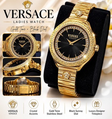 Versus Versace Women s Gold Tone Watch Black Dial Crystal Accent VEGQ00223 NIB