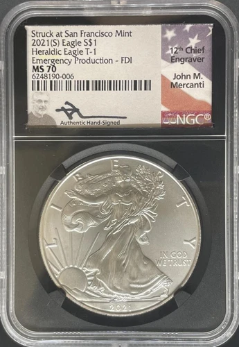 2021-S T1 Silver Eagle MS70 NGC Emergency Issue FDI Black Core Mercanti Signed (