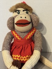 Vintage Traditional Sock Monkey w/ red apron /dress 20" AS IS missing 2 pom poms
