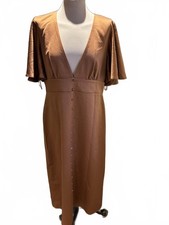 BNWT Pretty Little Thing Brown Satin Button Detail Plunge Neck Midi Dress UK 16