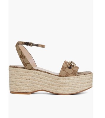 Gucci GG Logo Canvas Horsebit Platform Espadrille Ankle Wraps Sandals Various