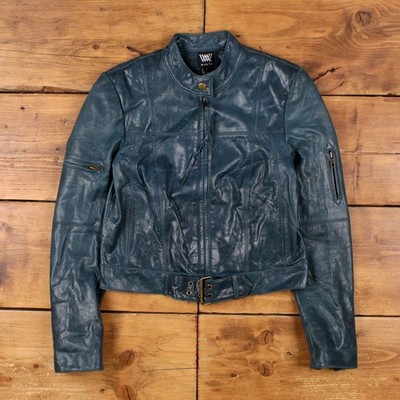 Worth Lederjacke XS Damen Y2K blau Moto gefüttert Biker Motorrad Cafe Racer
