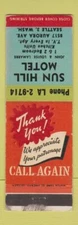 Matchbook Cover - Sun Hill Motel Seattle WA