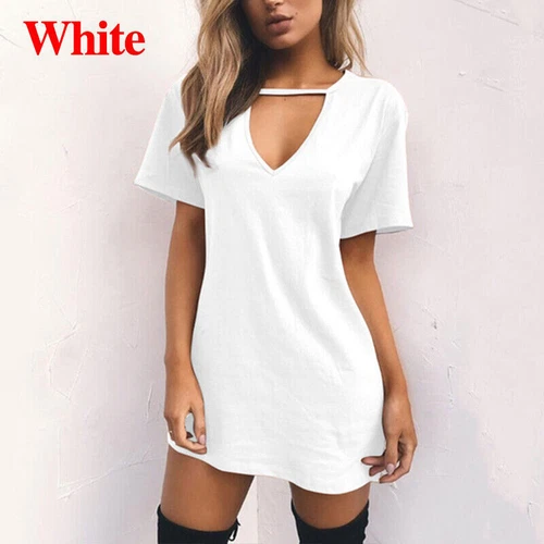 Damen T-Shirt Kleid V-Ausschnitt Sommerkleid Kurzarm Boho Strand Sommerkleid - Bild 15 von 49