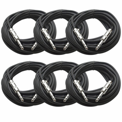 SEISMIC AUDIO - 6 Pack of Black 1/4'' TRS 25' Patch Cable - Balanced - Effects EQ