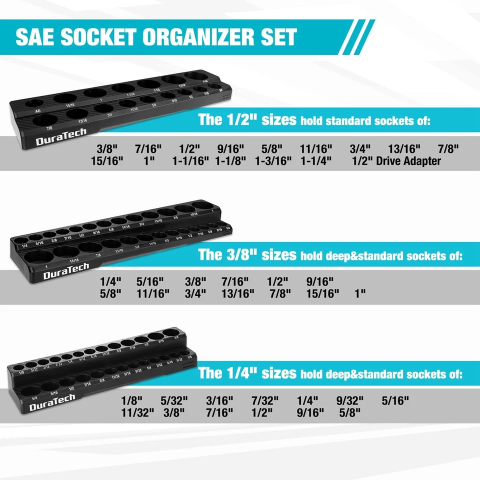 DURATECH 3PC Magnetic Socket Organizer Set 1/4" 3/8" 1/2"Drive SAE Socket Holder - Image 4 of 4