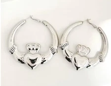 Large Celtic Alloy Claddagh Hoop Earrings (1 pair) Gold or Silver Color