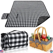 Patelai Hand-Woven Wicker Picnic Basket - Black & White Grid, Double Handles