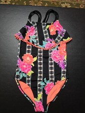 Girls Sz 6 Bright Colored Triple Back Strap 1pc Swimsuit With Ruffle