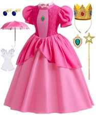 Girls Princess Peach Costume Dress Kids Pink Casual 7-8 Years,