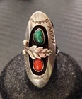 Vintage Native American Sterling Silver Turquoise Coral Shadow Box Ring Sz 6.0