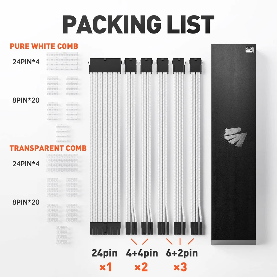 16AWG Pro Power Supply Sleeved Cable, White Power Supply Extension Cable Dual... - Image 2 of 4