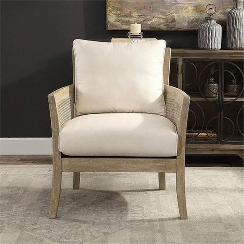 Uttermost Encore Wood Rattan Metal and Fabric Arm Chair in Off White - Picture 7 of 10