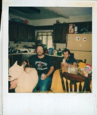 Old Vintage Photo COLOR POLAROID PAIR MEN DUO BUDWEISER BEER DOG IN KITCHEN