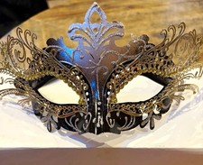 Silver/Black Venetian Masquerade Metal Filigree Eye Mask, Ribbon Ties, Adj