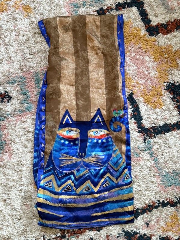 Laurel Burch Carlottas Cats Azul Blue Cat 100% Silk Scarf 11" x 53" FREE SHIP