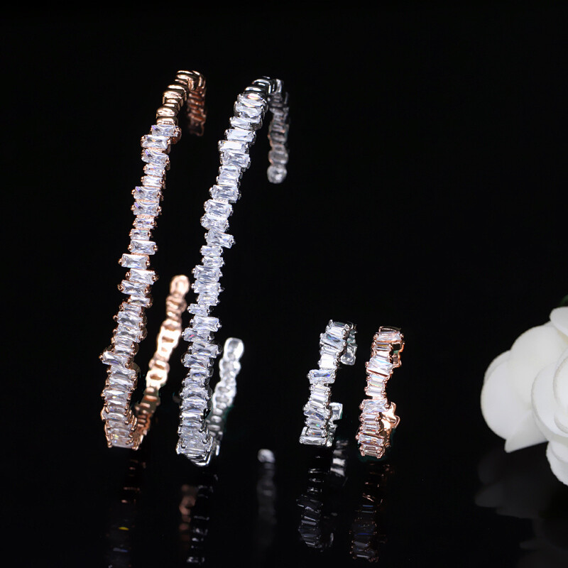 Shiny Baguette Cuff Bangle Bracelet Ring Silver Plated Women Zircon Jewelry Set