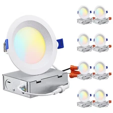 8 Pack 5CCT 4 Inch/6 Inch Slim LED Recessed Light with J-Box, Anti-Glare