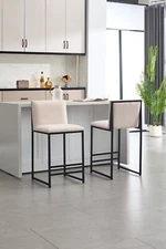 Counter Height Bar Stools Set of 2, Upholstered Linen Bar Chairs, Metal Footrest