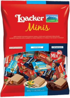 Loacker Minis Knusprige Waffeln Haselnuss Schokolade Vanillekekse - Packung mit 800g