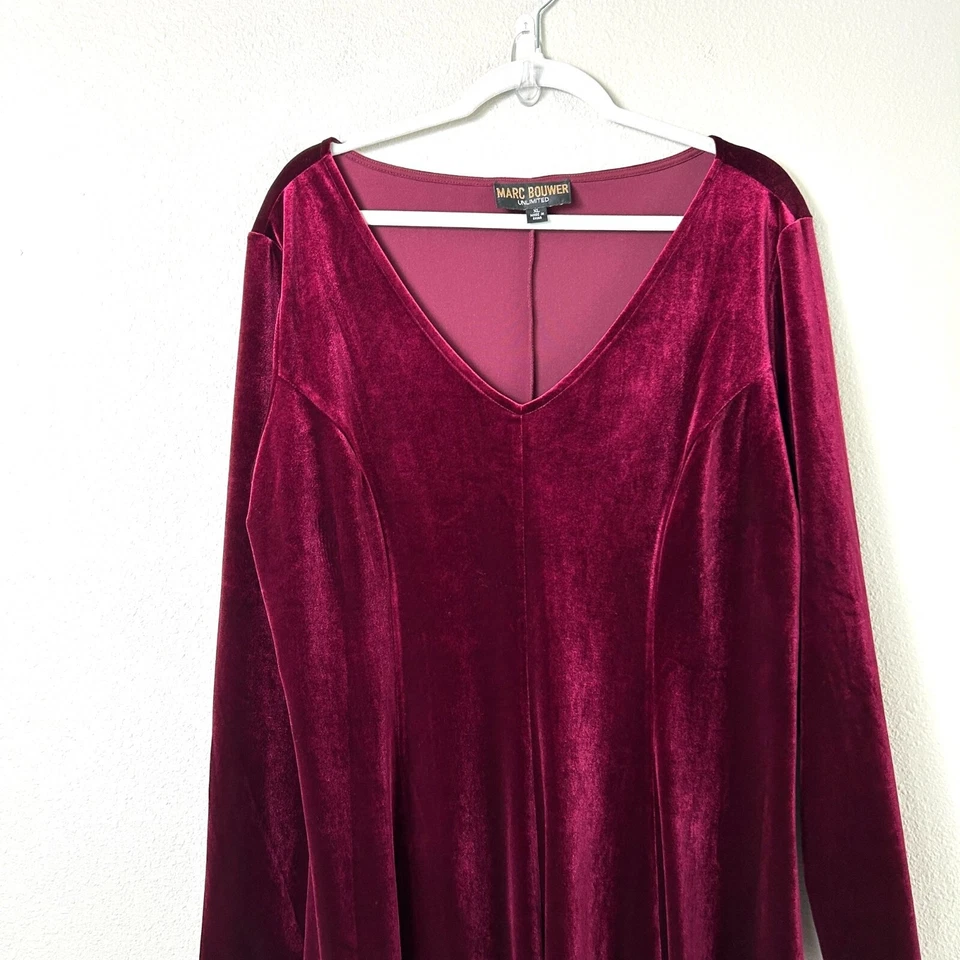 Marc Bouwer Unlimited Dress Size XL Burgundly Velvet Velour Long Sleeves V Neck - Image 2 of 4