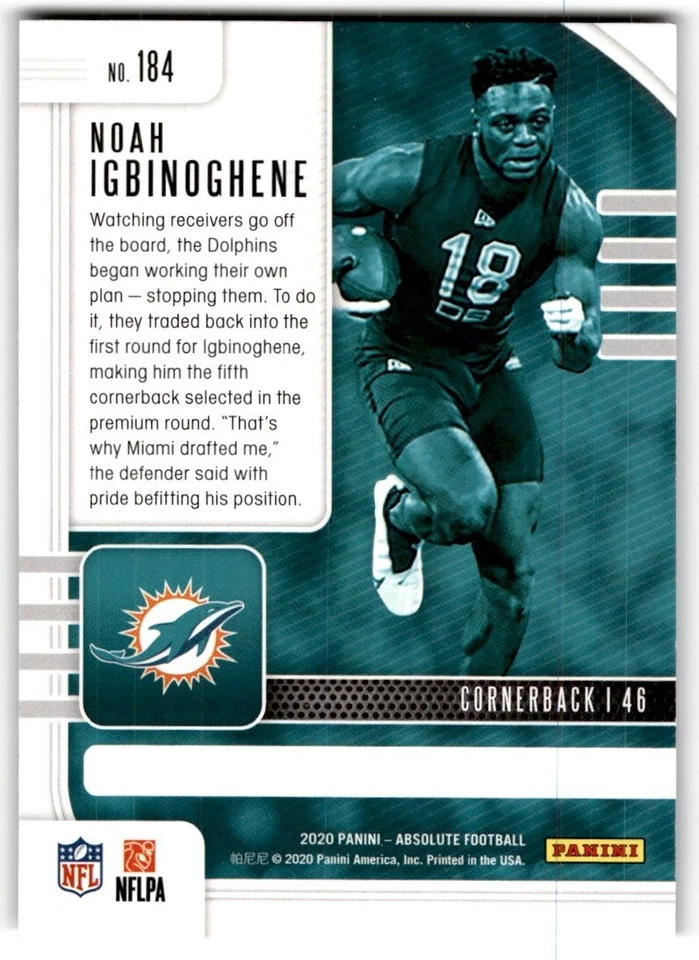 2020 Panini Absolute Noah Igbinoghene Rookie #184 Miami Dolphins - Image 2 of 2