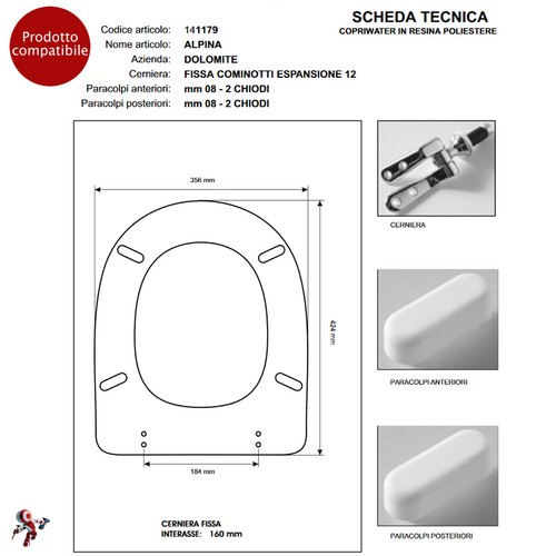 COPRIWATER COPRIVASO SEDILE WC PER VASO DOLOMITE ALPINA QUADRARCO BIANCO - Foto 4 di 5