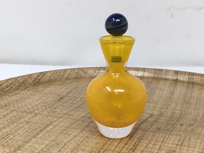 Stunning Yellow Hand Blown Glass Perfume Bottle With Blue Swirl
