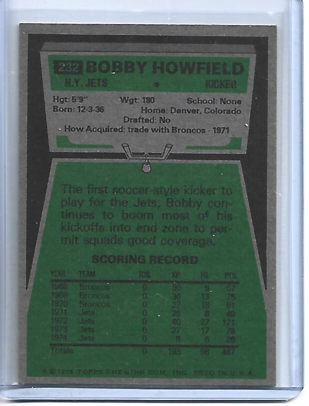 Bobby Howfield 1975 Topps Football Card #232-New York Jets - Image 2 of 2