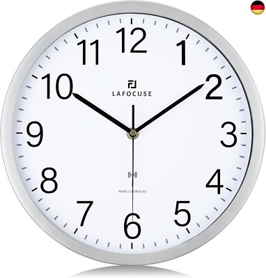 Funk Wanduhr Lautlos 30cm, Modern Funkuhr Hohe Genauigkeit, Silber