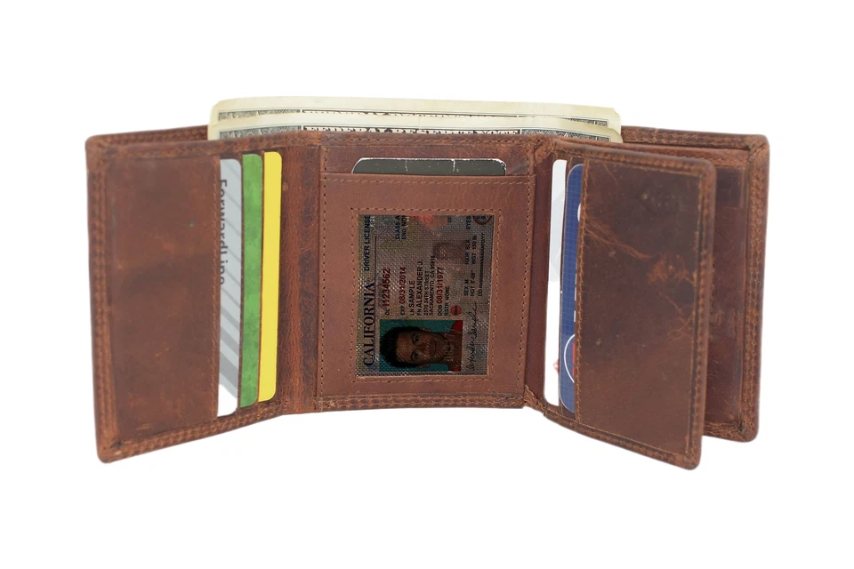 RFID Blocking Hunter Brown Vintage Distressed Leather Trifold Wallet - Image 3 of 4