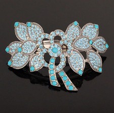 Huge Floral Icy Blue Austrian Rhinestone Hair Barrette Clip Ponytail Holder B112