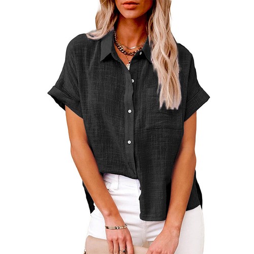 Lässige Baumwoll-Leinen-Bluse Für Damen Button-Down-T-Shirt Kurze Ärmel 〒 - Picture 6 of 25