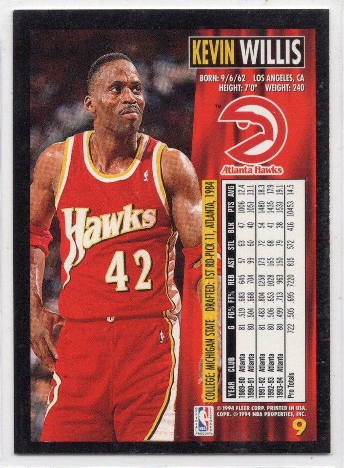 1994-95 Fleer Кевин Уиллис Atlanta Hawks No 9 - Изображение 2 из 2