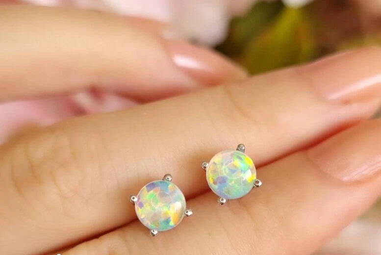 1 Carat Round Fire Opal Stud Earrings 6 6 mm 14K White Gold