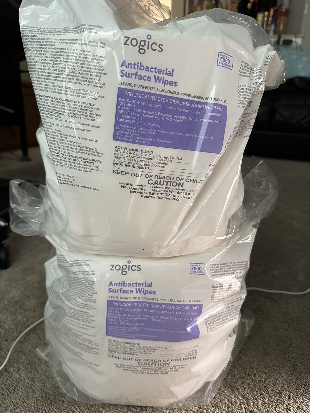 2 Zogics Antibacterial Surface wipes- 800 Wipes Each  8.5” X 6”