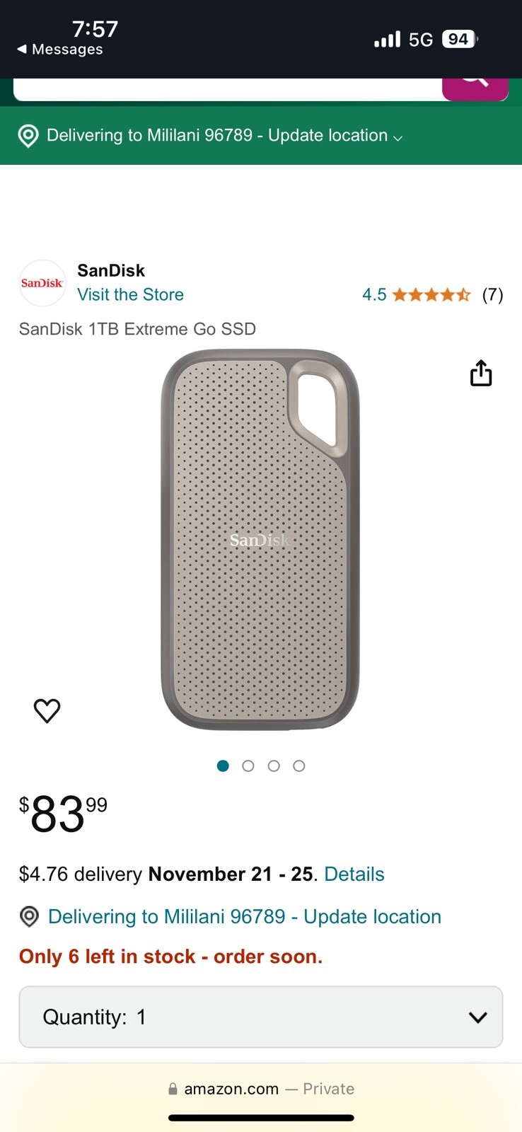 SanDisk NVMe Extreme Go Portable 1TB External SSD 1050MB/s USB-C